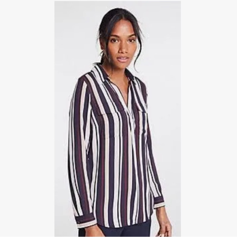 Ann Taylor Navy Pink Striped Camp Blouse Size Extra Small